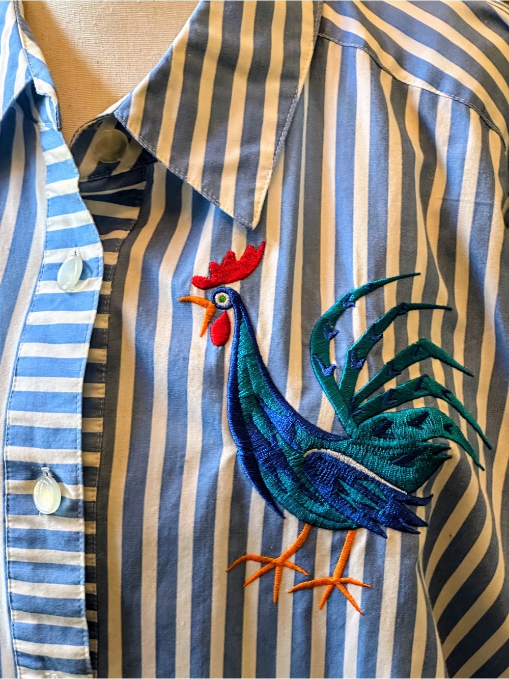 Bob Mackie Light Blue & White Striped Short-Sleeve Shirt with Rooster Embroidery - Picture 4 of 4